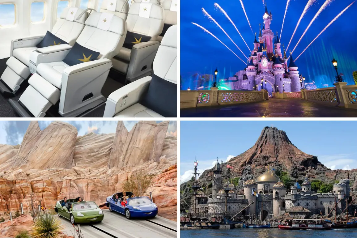 A collage of pictures featuring Walt Disney World and a plane.