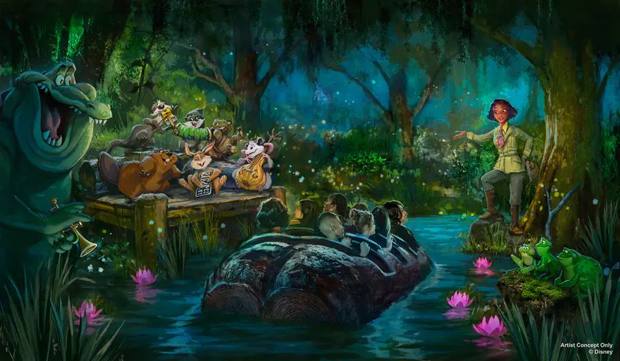 Tiana's Bayou Adventure concept art featuring Louis, Tiana, and animal band
