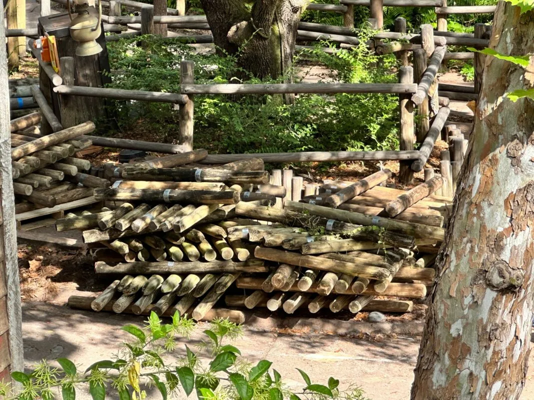 A stack of wooden logs in a Walt Disney World zoological exhibit.