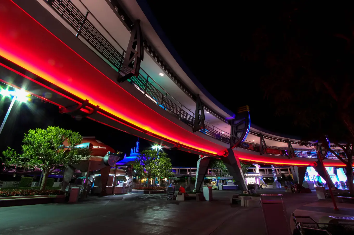 Space Mountain and the Tomorrowland PeopleMover at night in Magic Kingdom