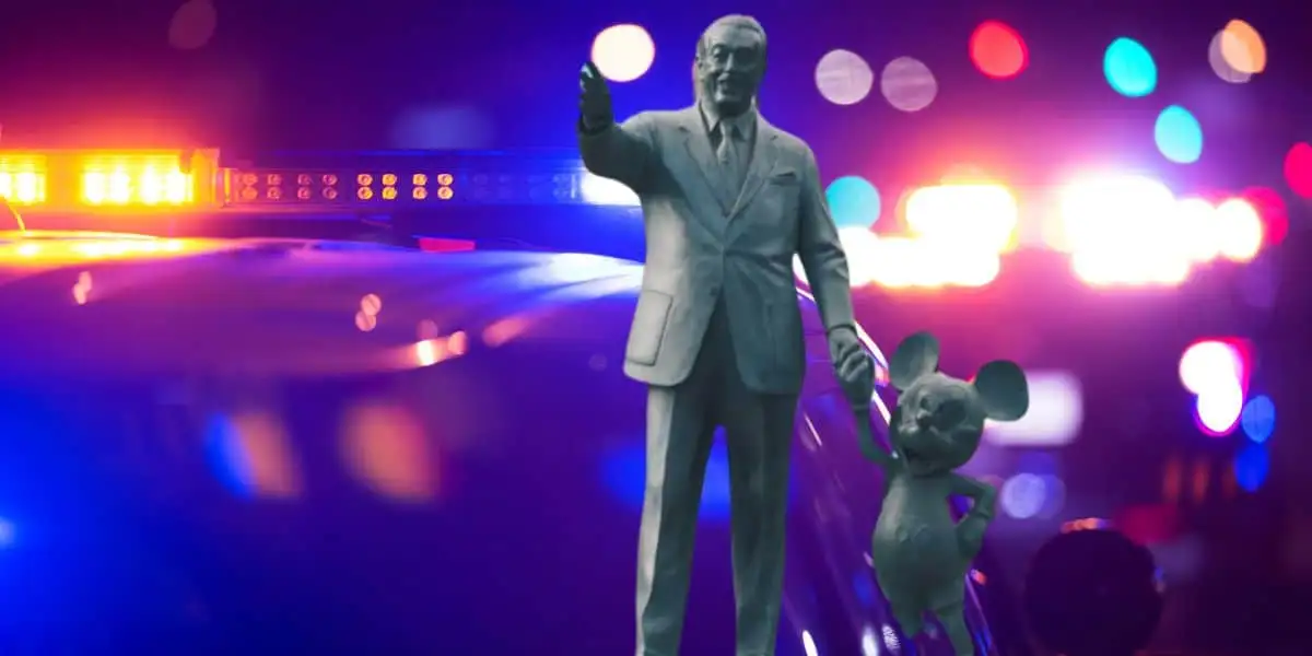 The Disneyland Walt and Mickey statue against police lights