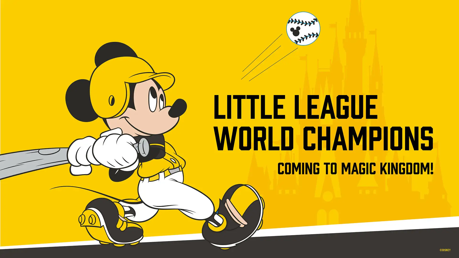 Graphic of Mickey with baseball bat with text