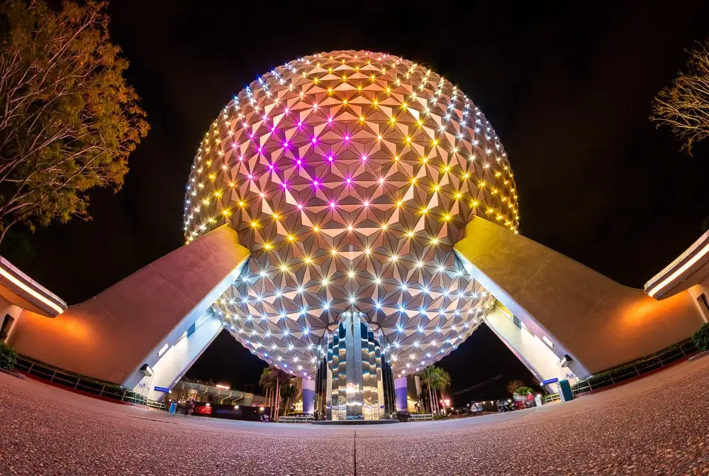 spaceship-earth-fisheye-night-extended-evening-hours-epcot-resort-perk-disney-world