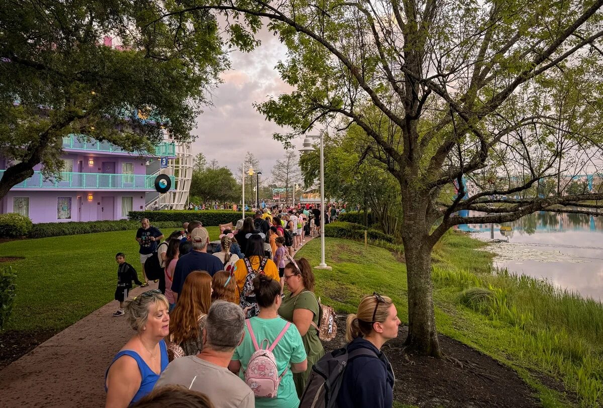 Guests waiting near the Disney Skyliner during Early Entry at Walt Disney World