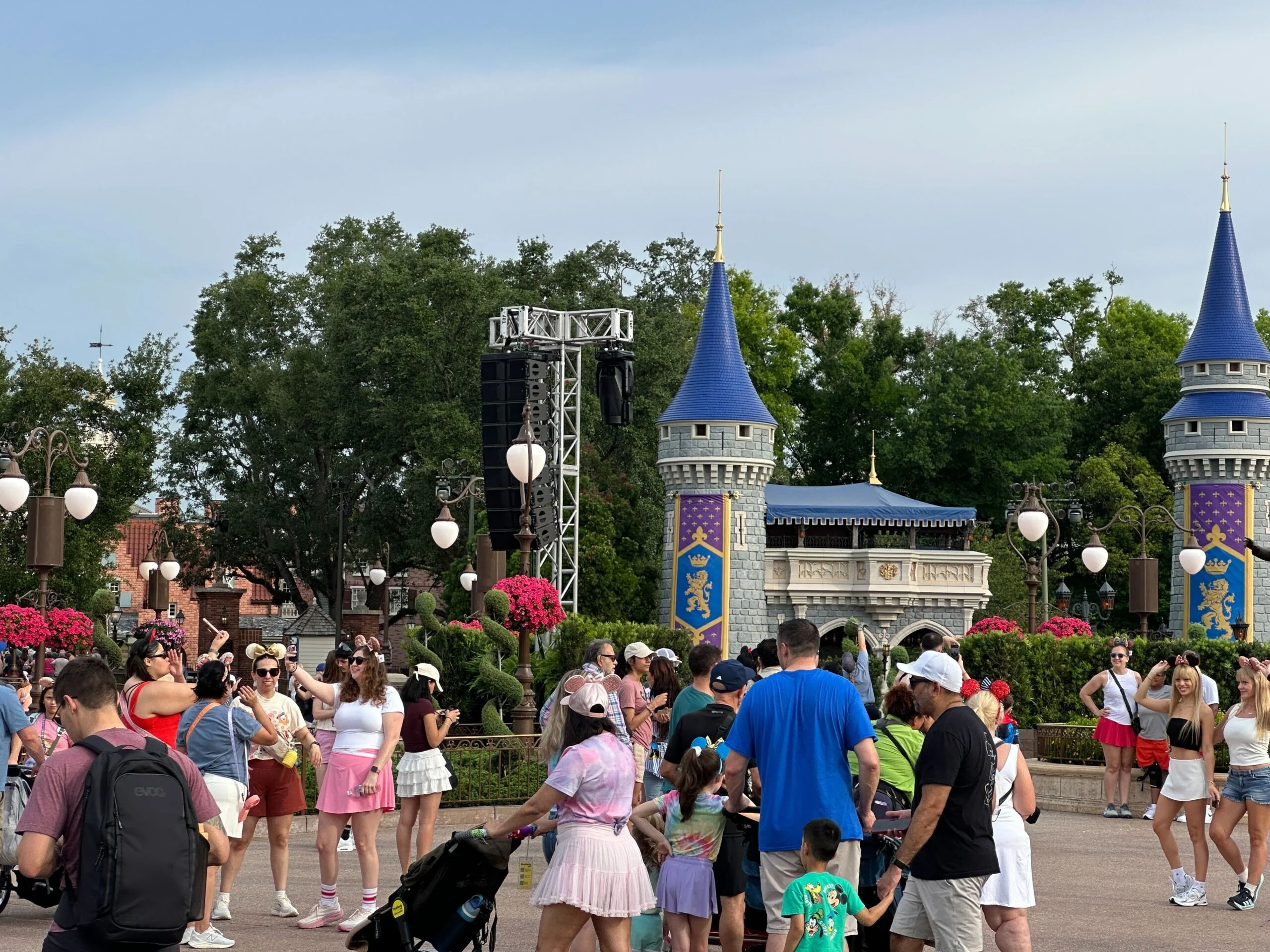 Speakers installed in the Magic Kingdom Hub ahead of a private event near Cinderella Castle