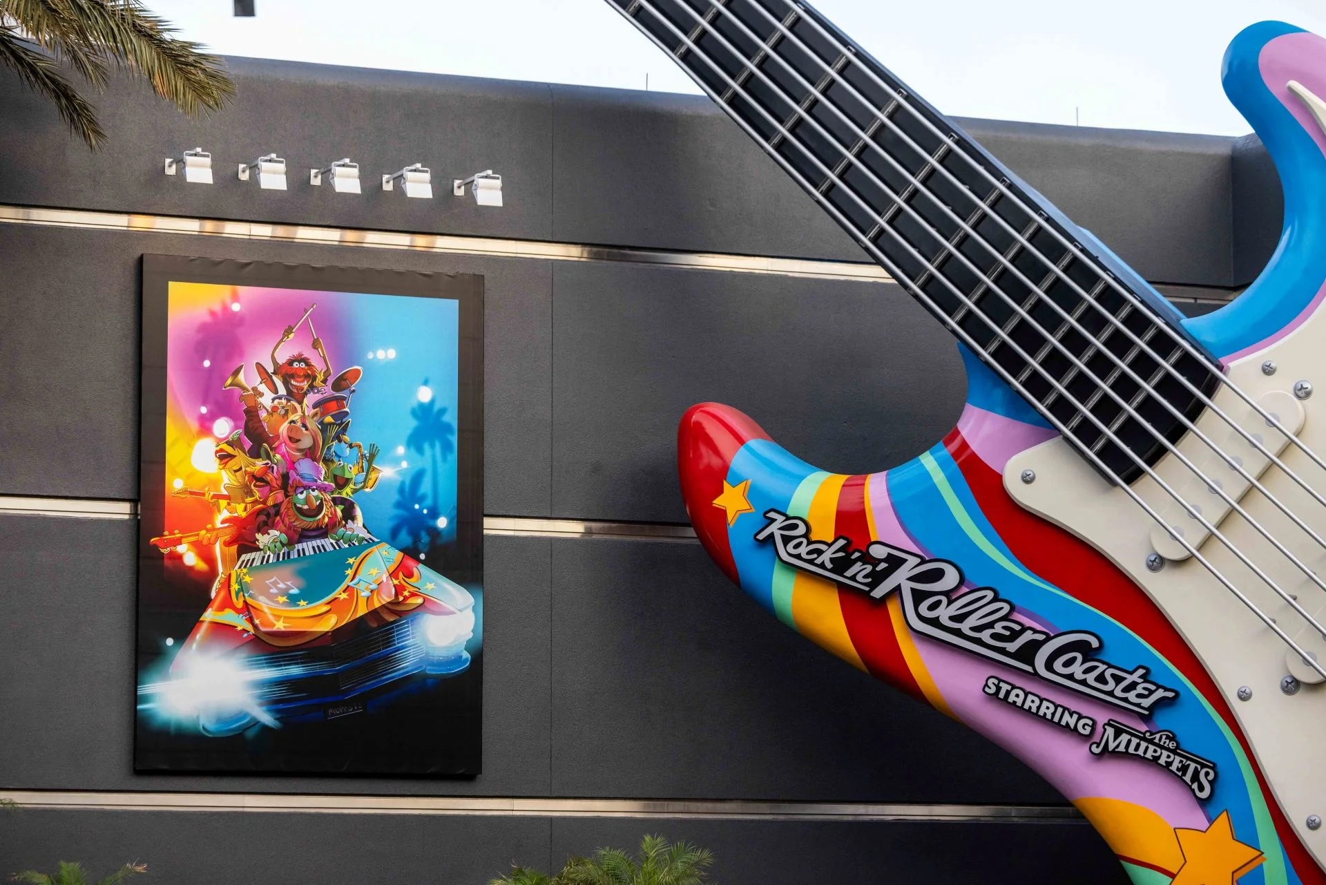 Exterior of Rock 'n' Roller Coaster Starring The Muppets with the updated guitar marquee