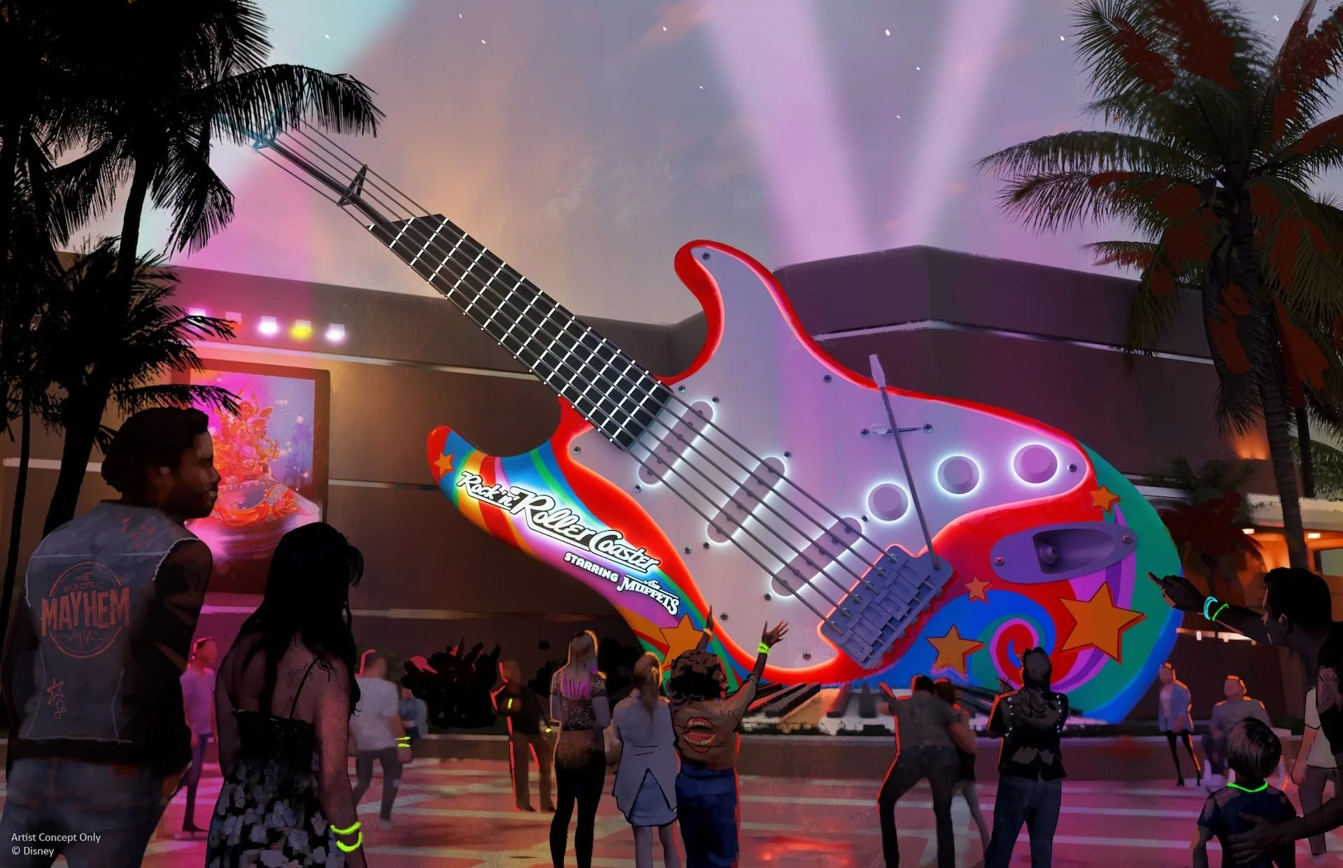 Concept art of the Rock 'n' Roller Coaster Starring The Muppets guitar marquee at Disney's Hollywood Studios