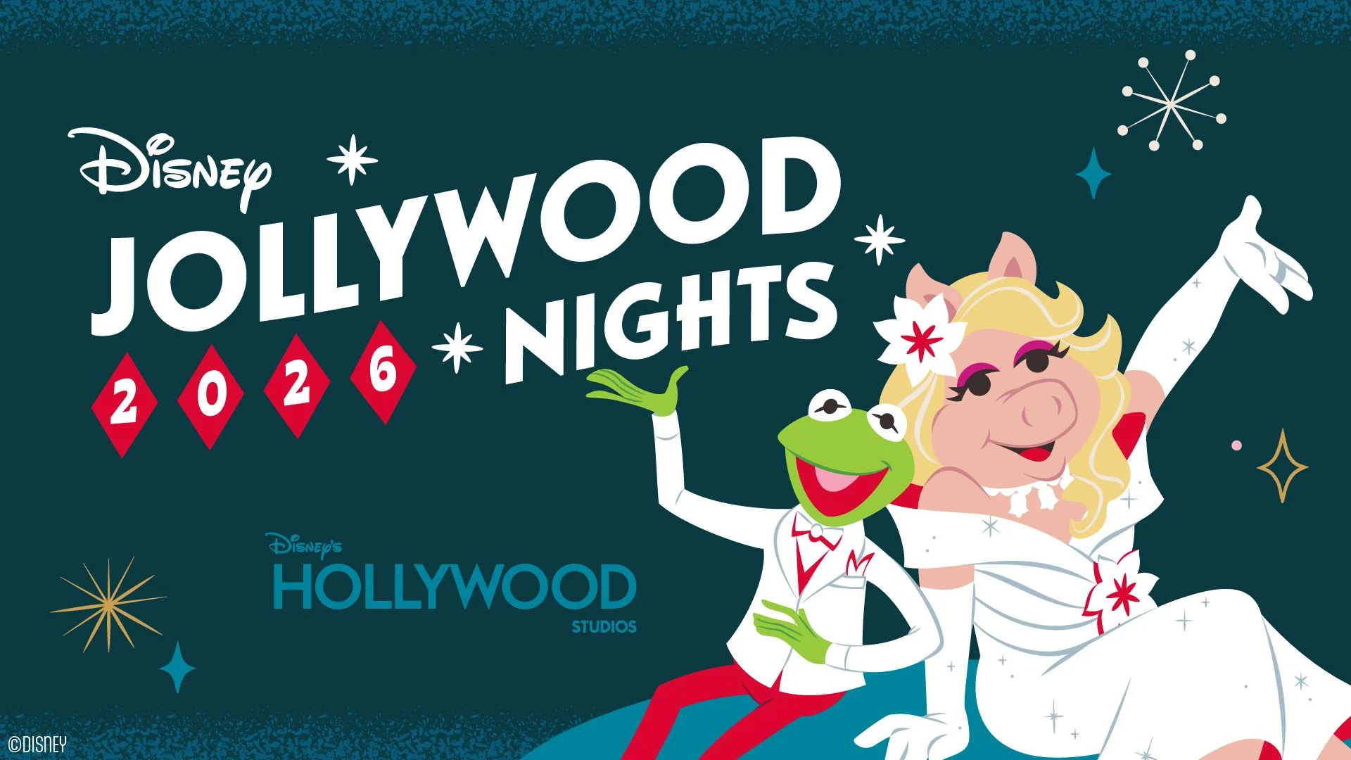 Disney Jollywood Nights 2026 key art featuring Kermit the Frog and Miss Piggy