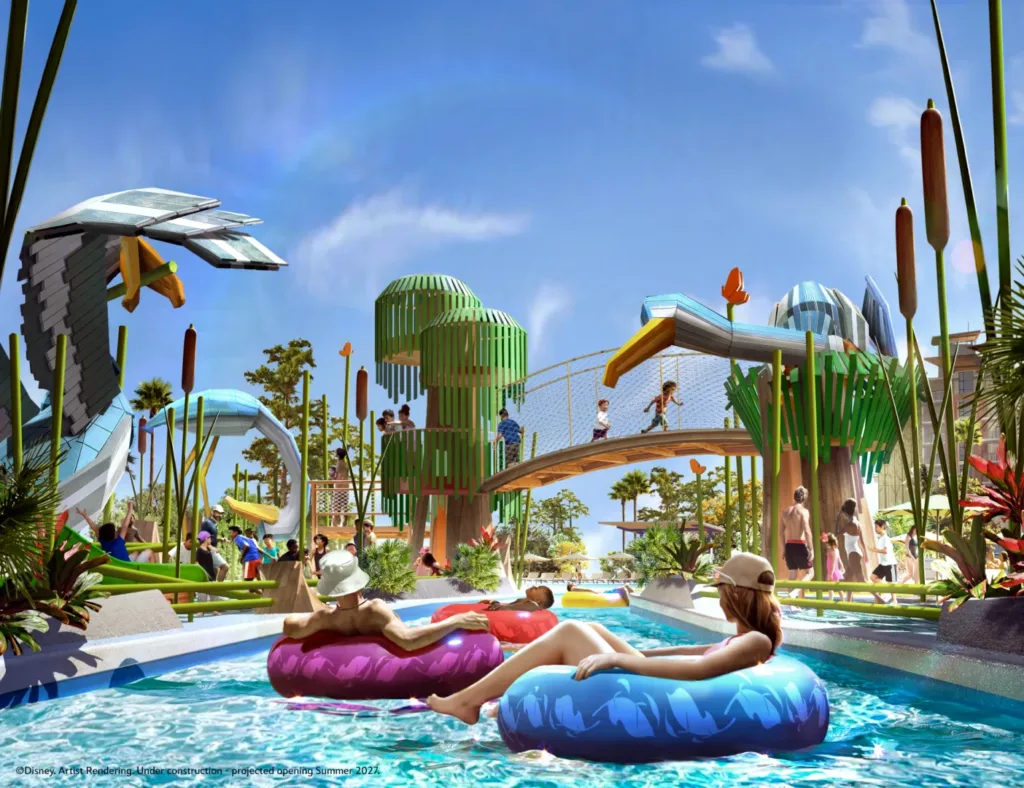 Concept art of The Wetlands recreation area at Disney Lakeshore Lodge with pools, water play areas, and Bay Lake landscaping