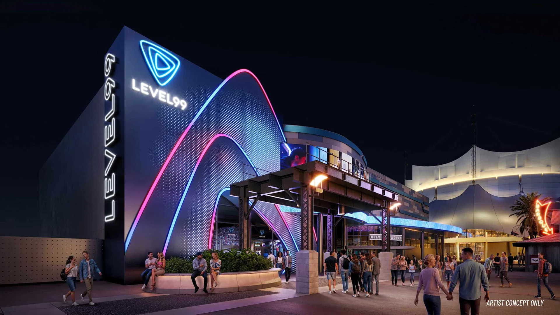 Level99 exterior concept art for the Disney Springs West Side location