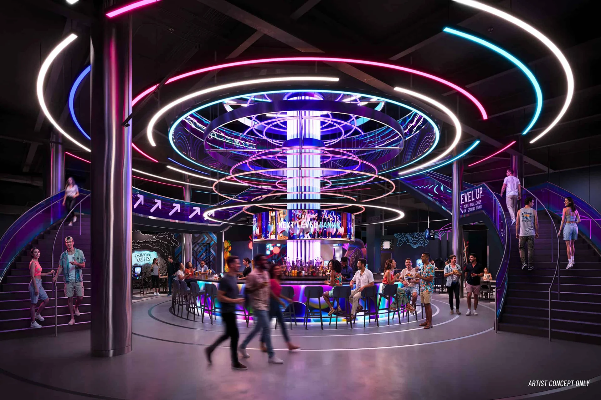 Level99 interior concept art for the Disney Springs location