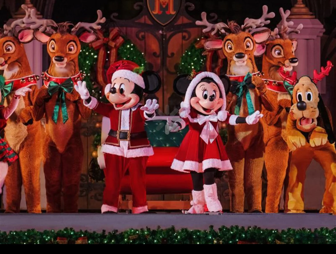 Mickey and Minnie Mouse performing on the Cinderella Castle stage