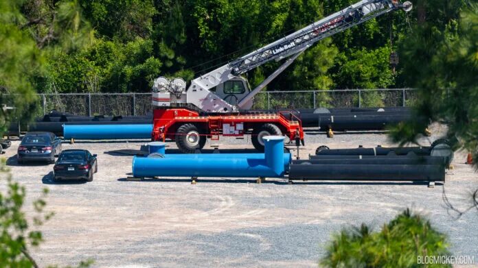 Blue structural columns for the future Monsters Inc door coaster at Disney Hollywood Studios