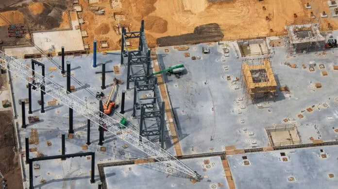 Aerial view of the Monsters Inc roller coaster construction area at Disney Hollywood Studios