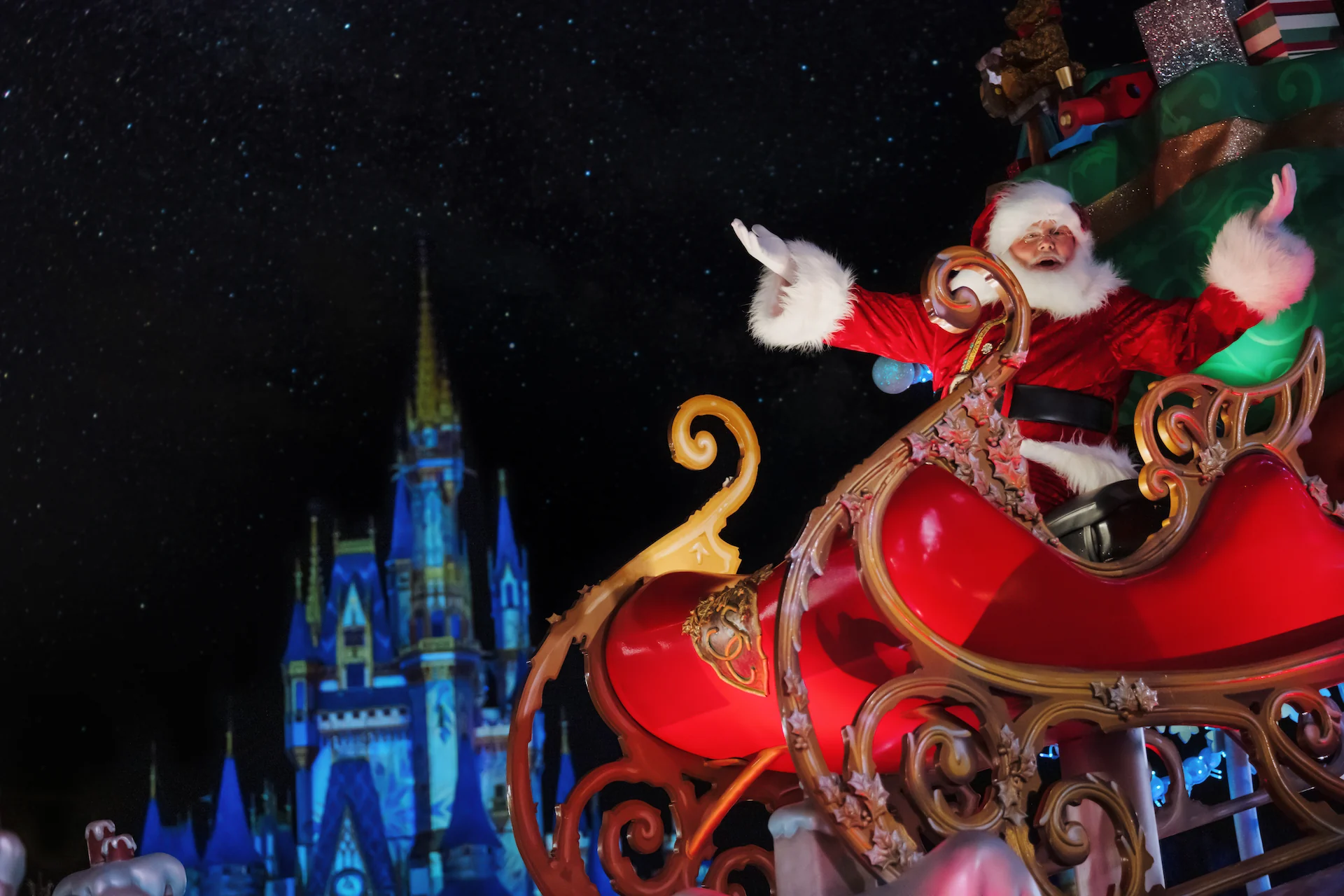 Santa Claus in the Magic Kingdom Christmas parade on Main Street U.S.A.