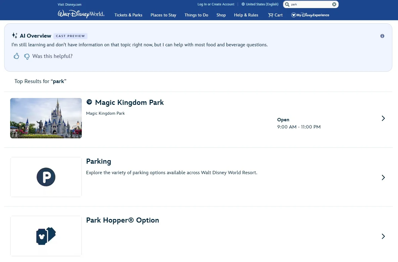 Disney World website AI overview Cast Preview interface