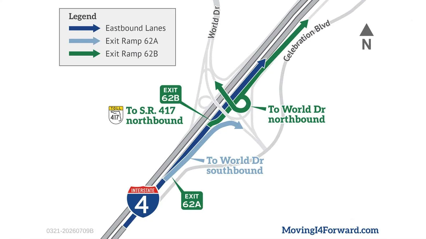 Diagram showing the I-4 eastbound split between exits 62A and 62B at World Drive