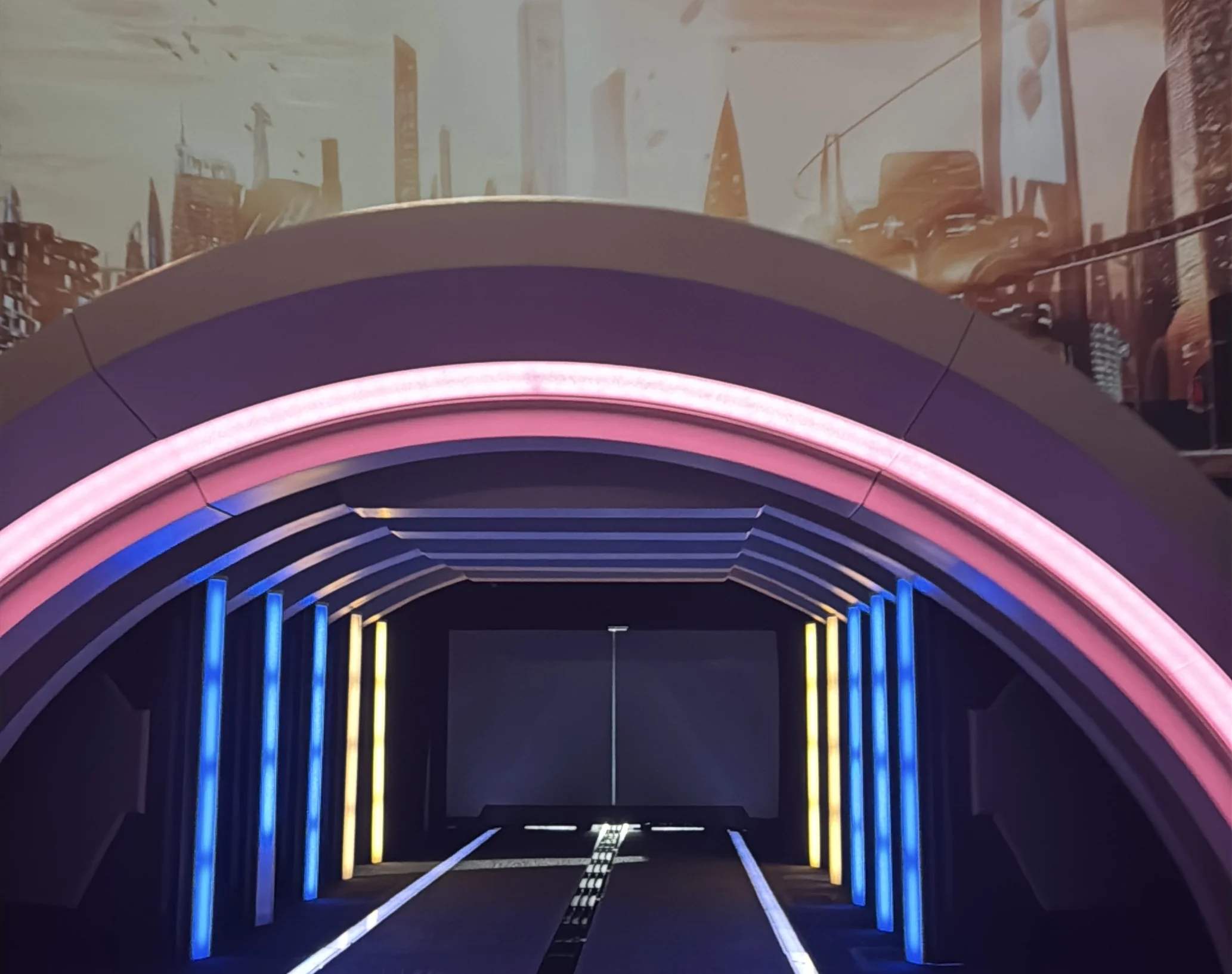 Test Track vehicle approaching the restored sliding doors at EPCOT