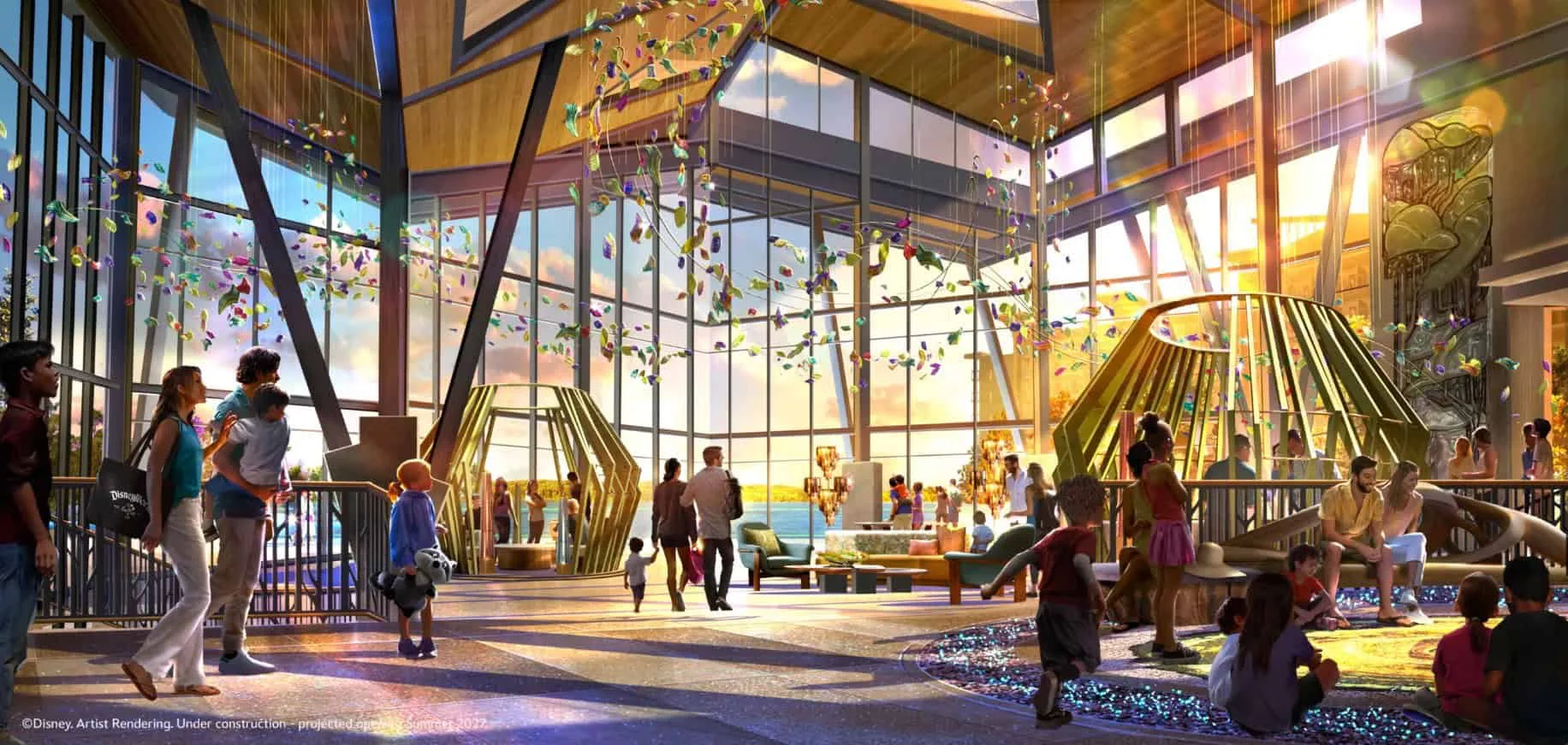 Concept art of the Disney Lakeshore Lodge lobby with tall windows and suspended glass leaves