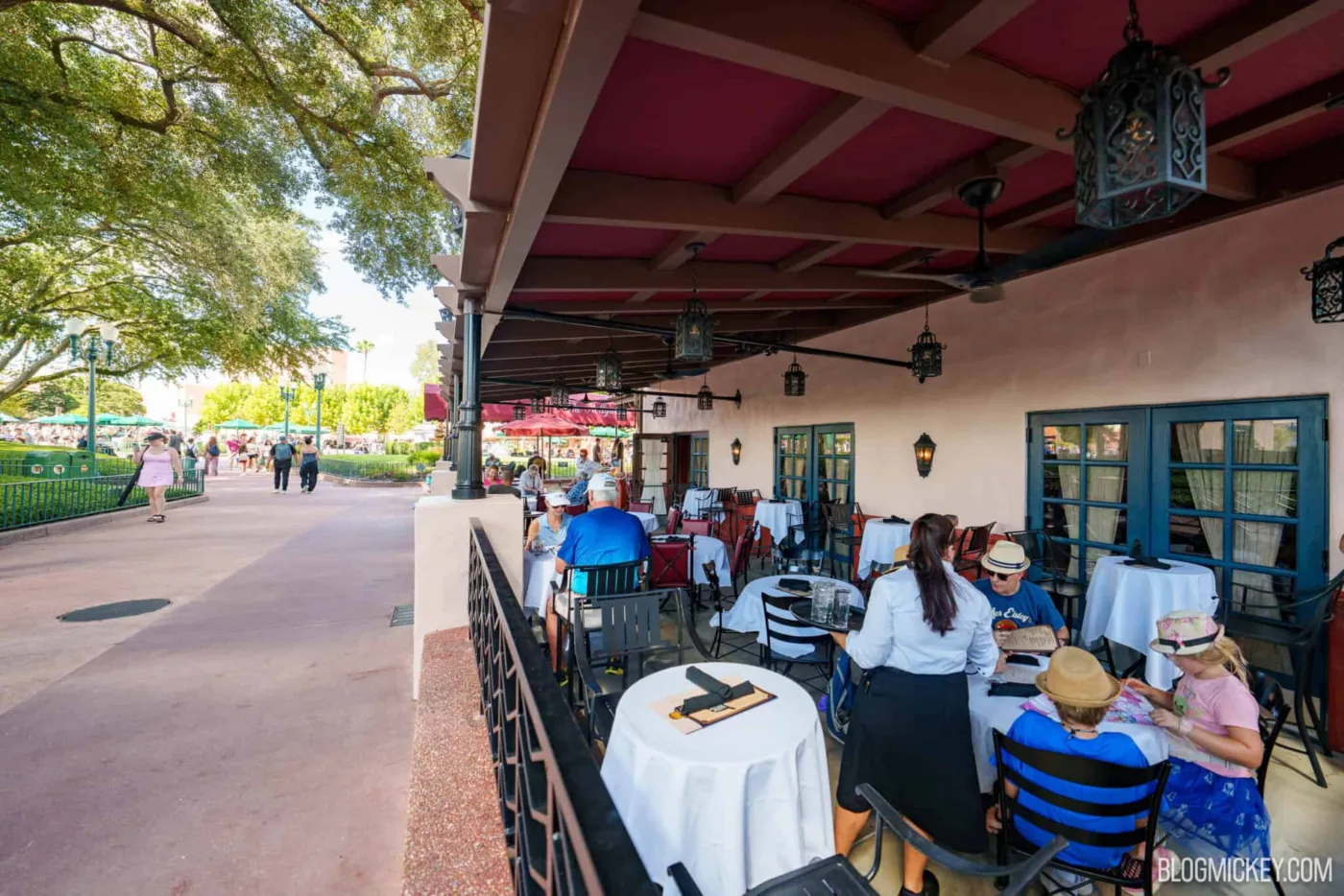 Tables beneath the new red awning at the Hollywood Brown Derby Lounge